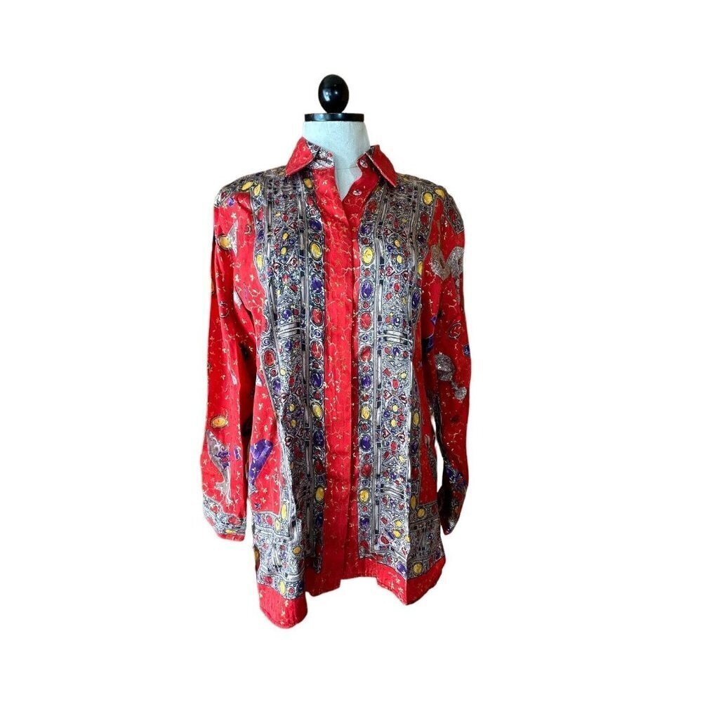 Paolo Santini VTG 8 100% Silk Button Down Red Victorian Heels Long Sleeve Blouse